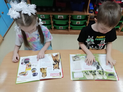 Дети рассматривают энциклопедии про собак