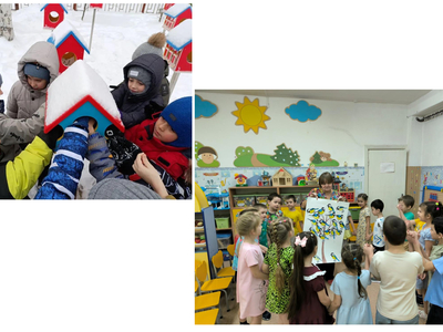 Дети кормят птиц